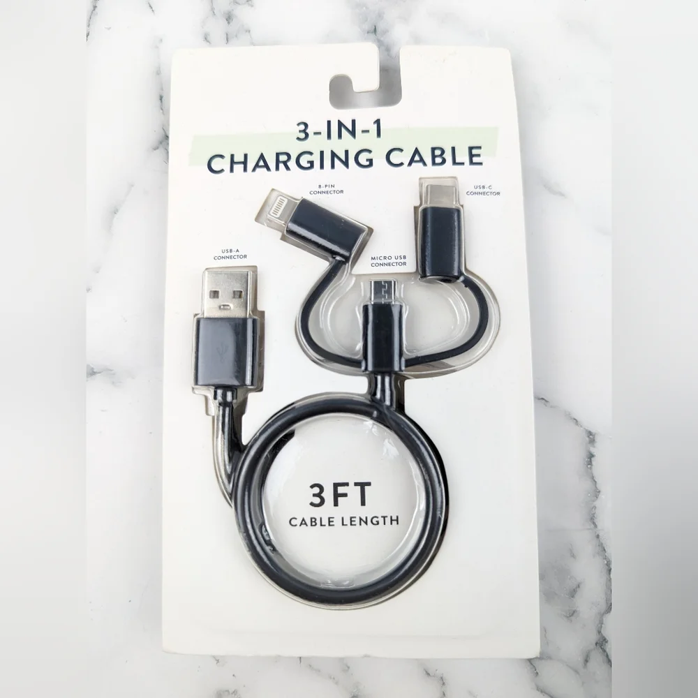 Vivitar Black 3 in 1 Charging Cable USB-C Micro USB 8 Pin Connector 3' Long